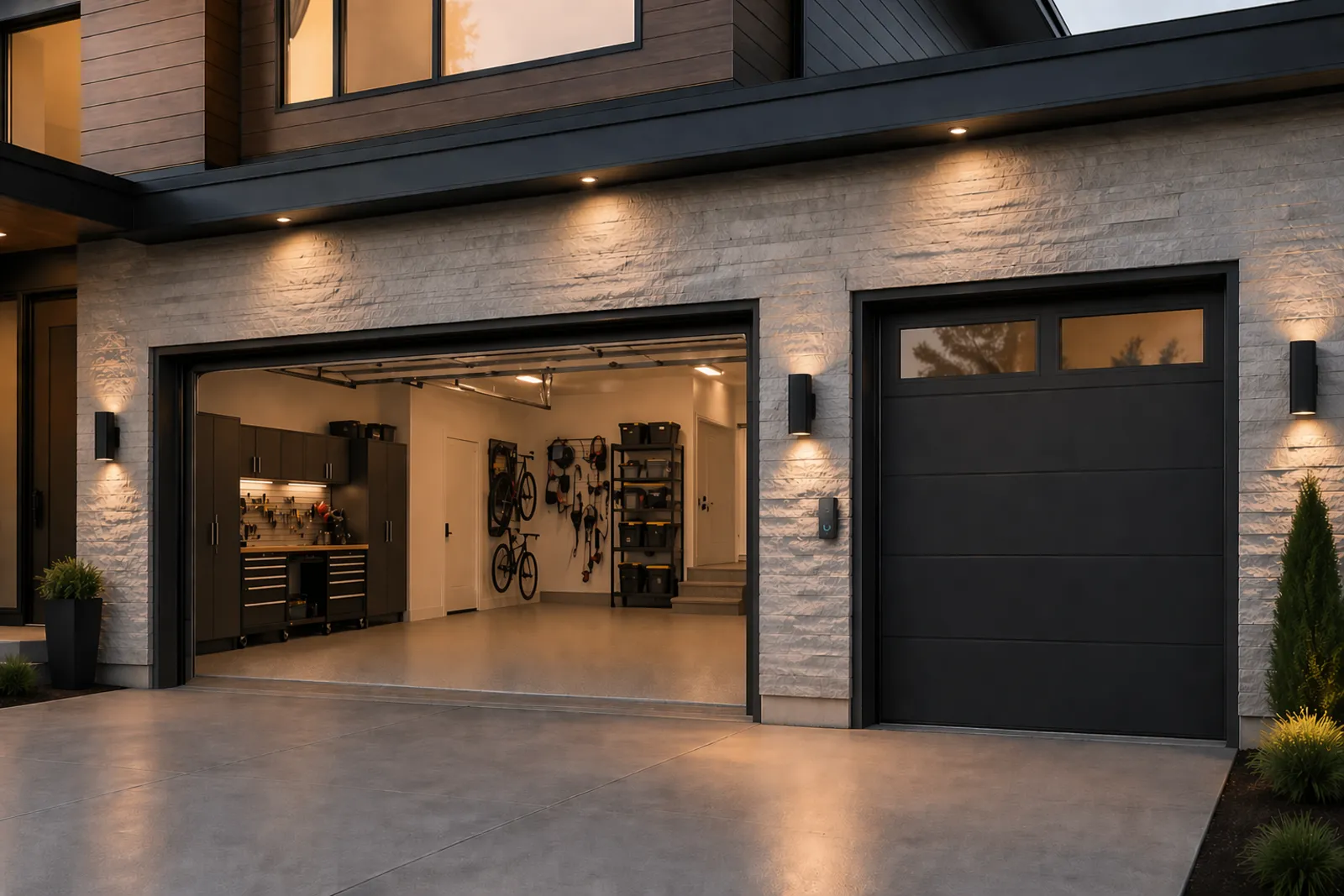 A garage and entry lit at night