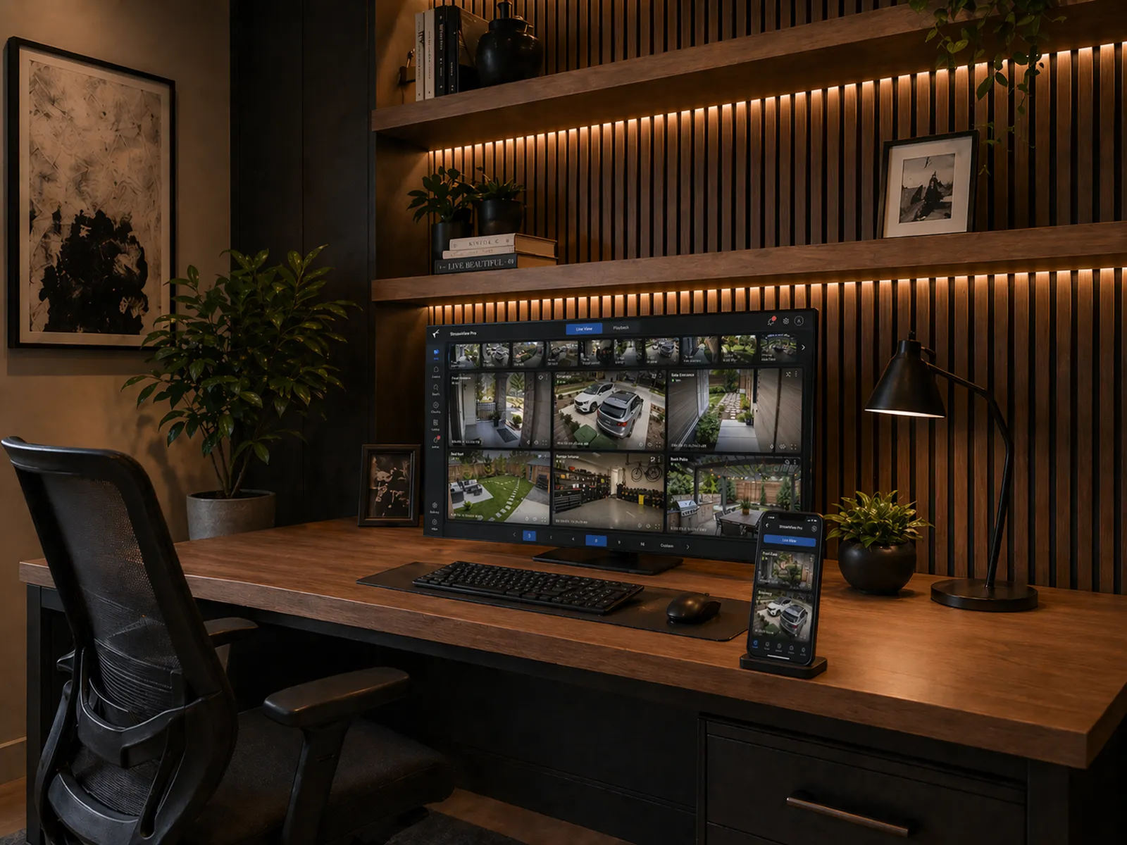 Camera views on a desk monitor