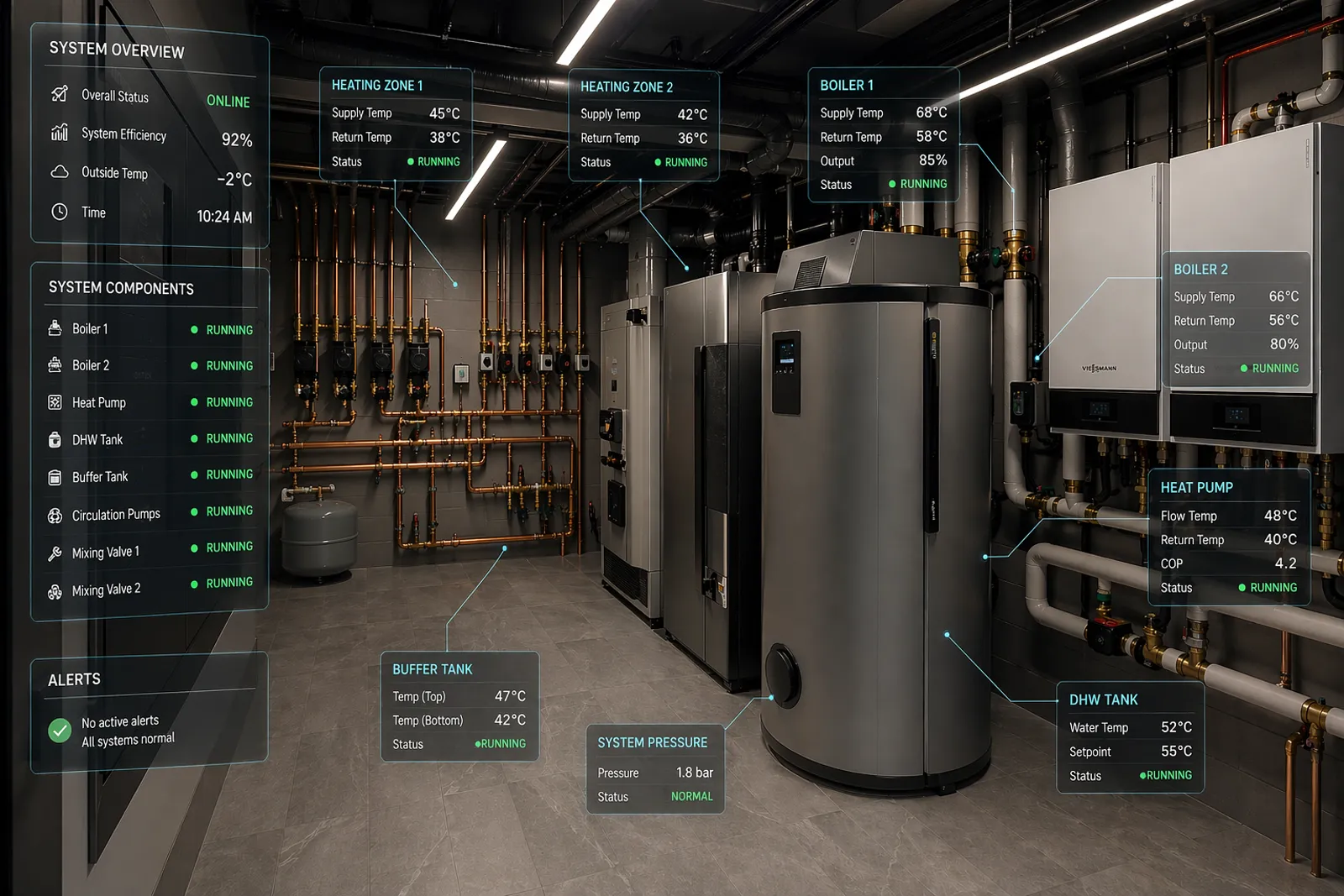 A mechanical room with monitored equipment