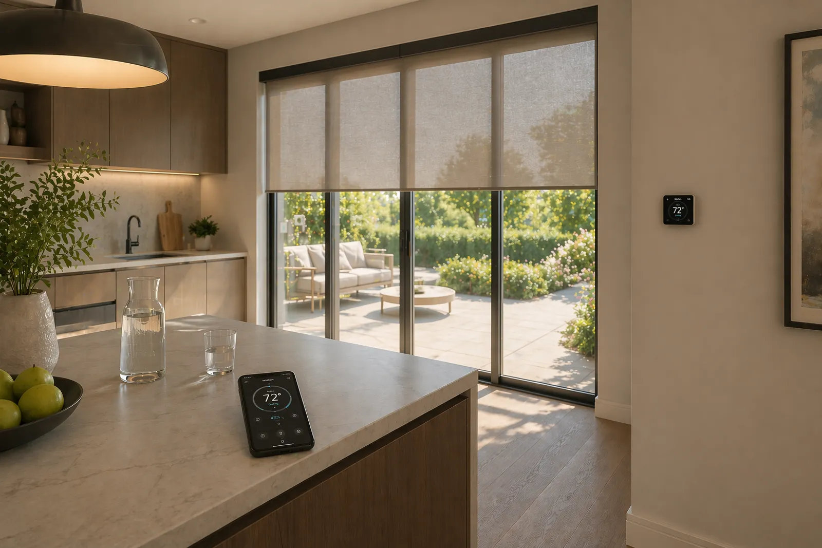 A kitchen with a wall thermostat