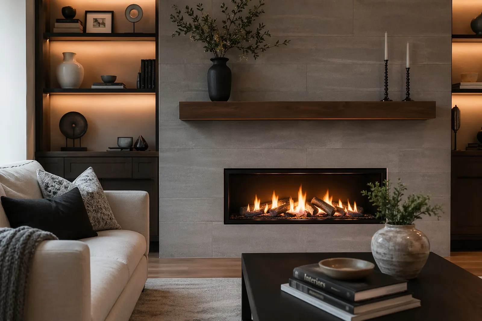 A living room with a fireplace