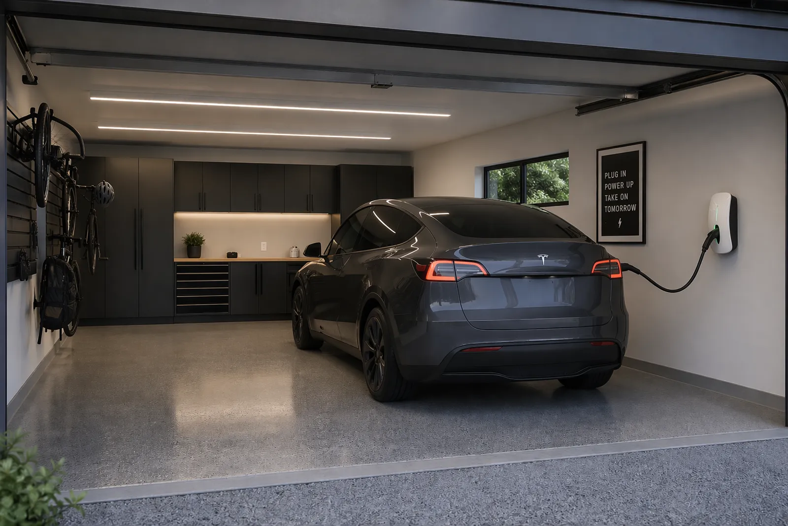 An electric car charging in a garage