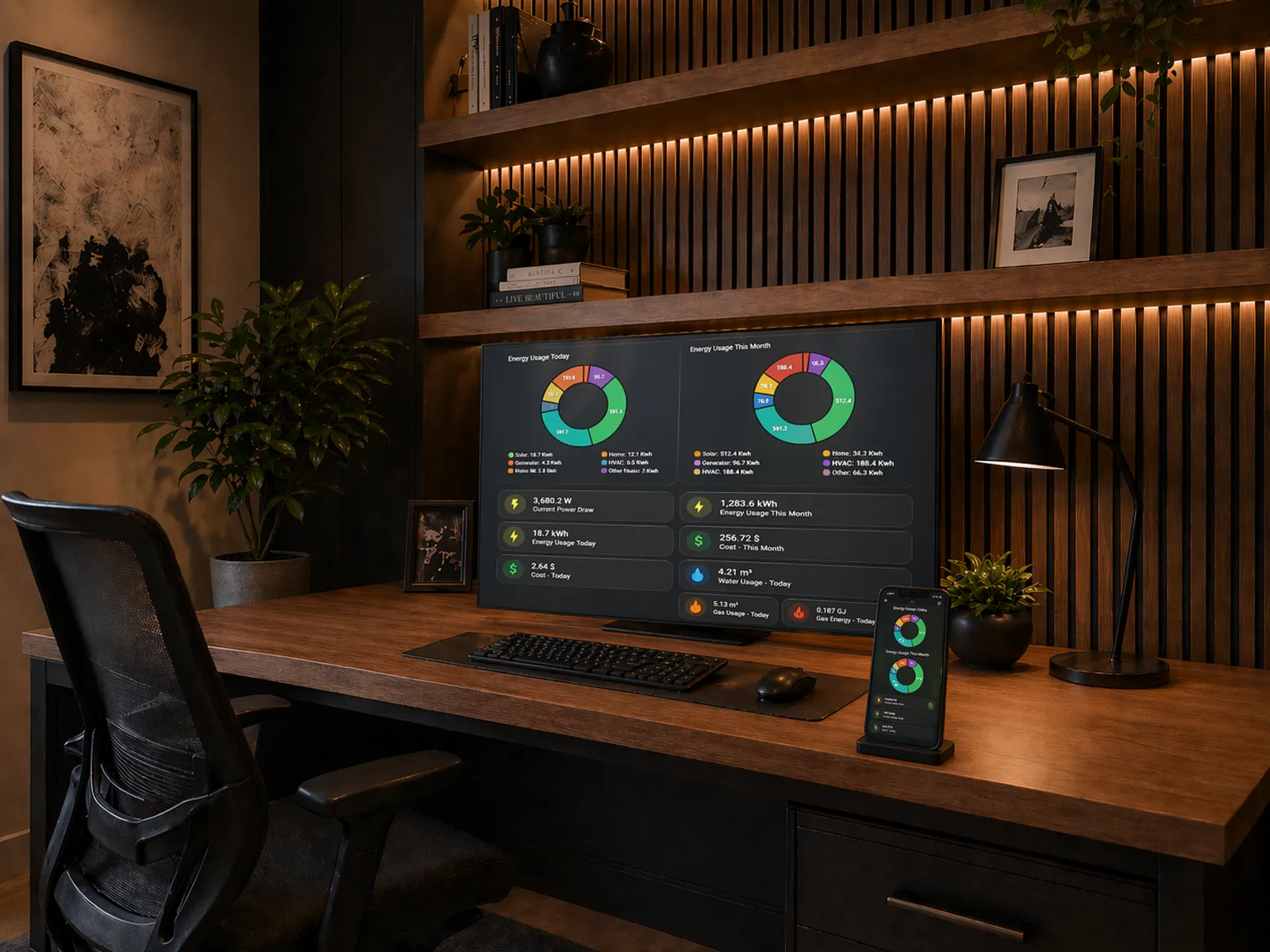 Energy dashboards on a home office monitor