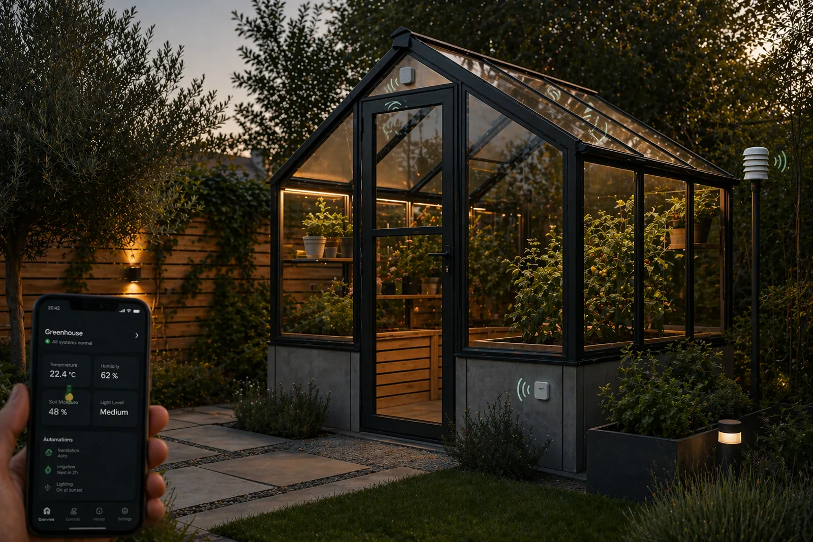 A greenhouse with smart garden sensors