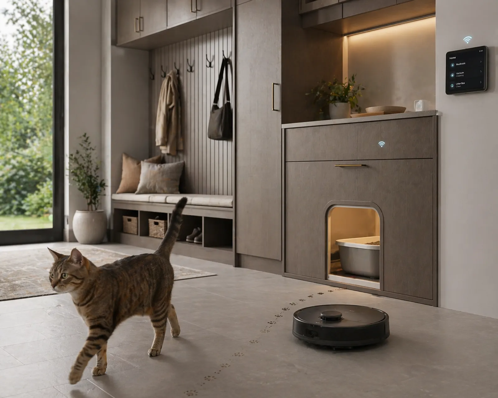 A mudroom with a robot vacuum and a pet door