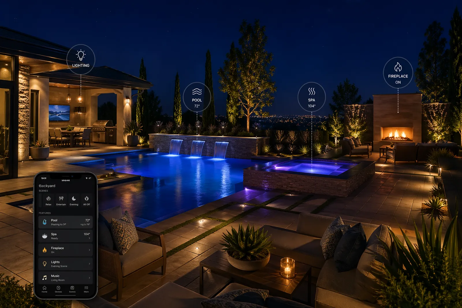 A backyard pool with automated lighting