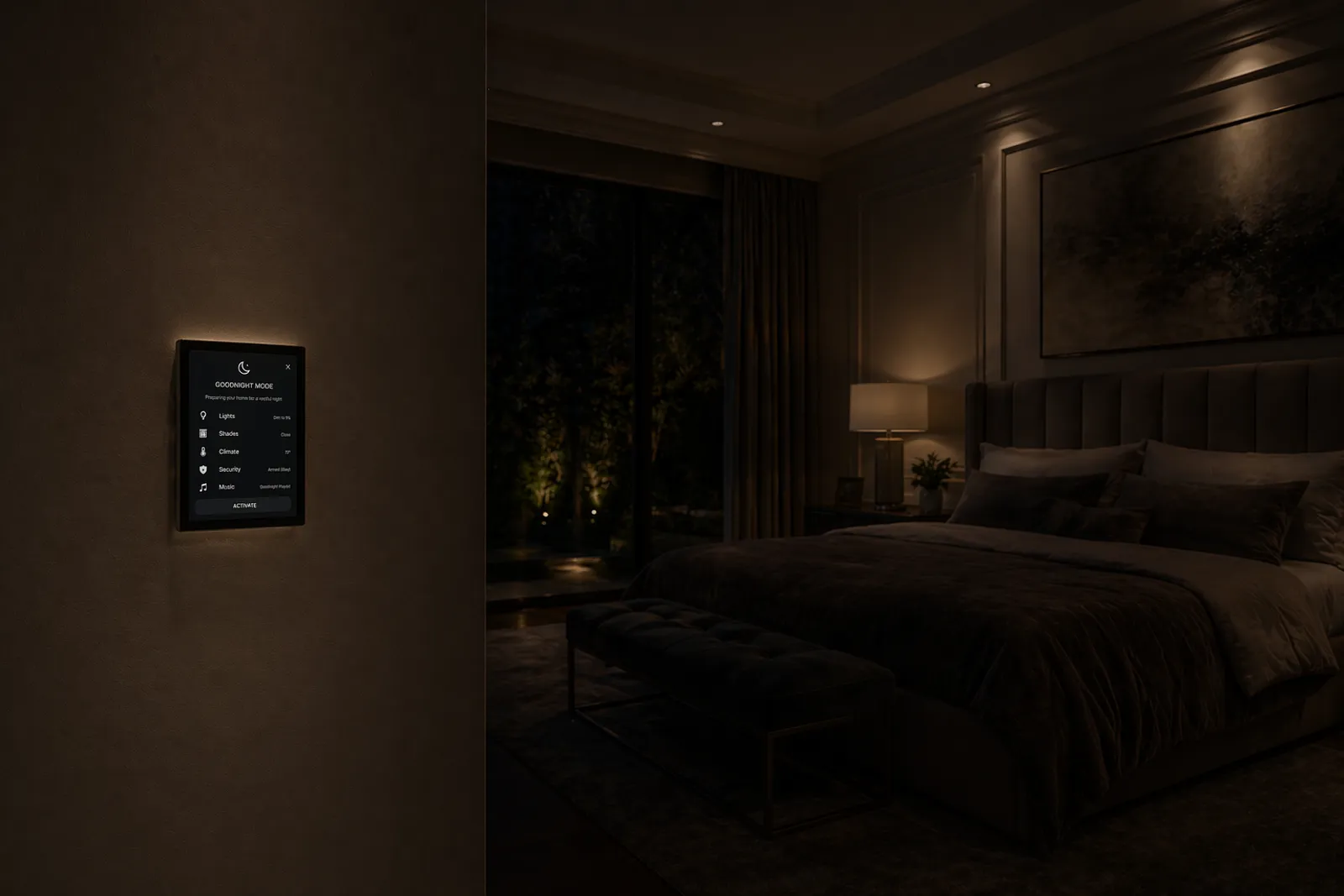 A bedroom with a wall panel
