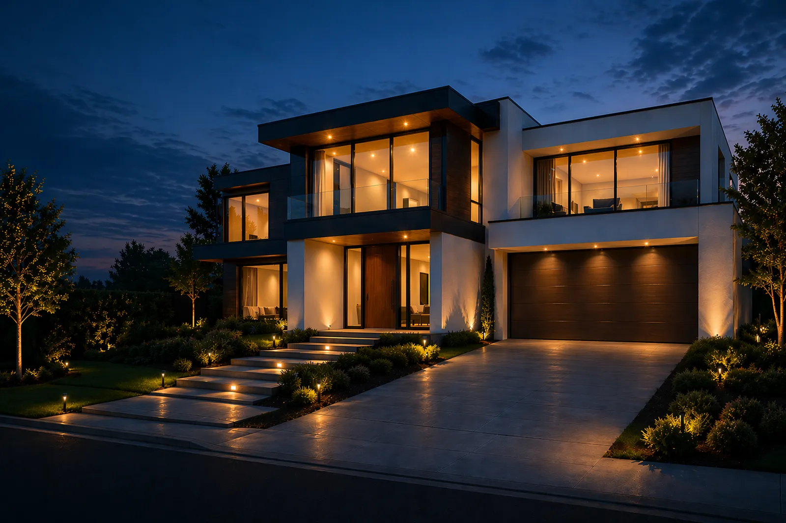 A modern home at dusk lit in warm white