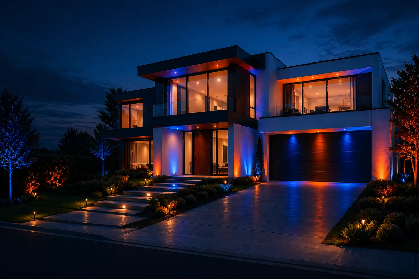 The same home lit in a colourful outdoor theme