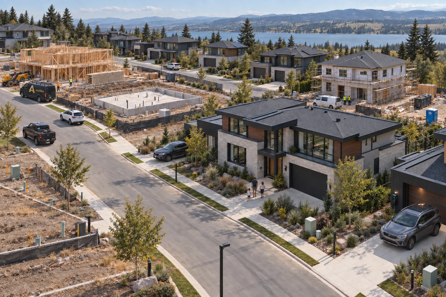 A new development from above: finished homes with landscape lighting, homes under construction and an Auxillio van on site