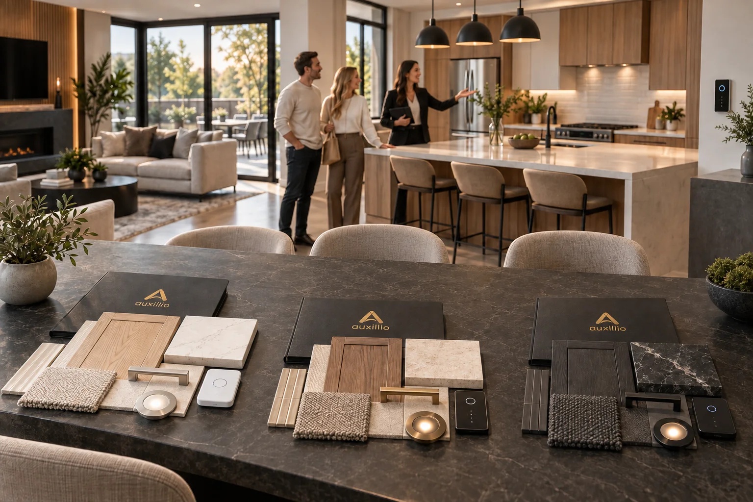 A show home: Auxillio finish boards with smart switches on the dining table while an agent shows a couple the kitchen