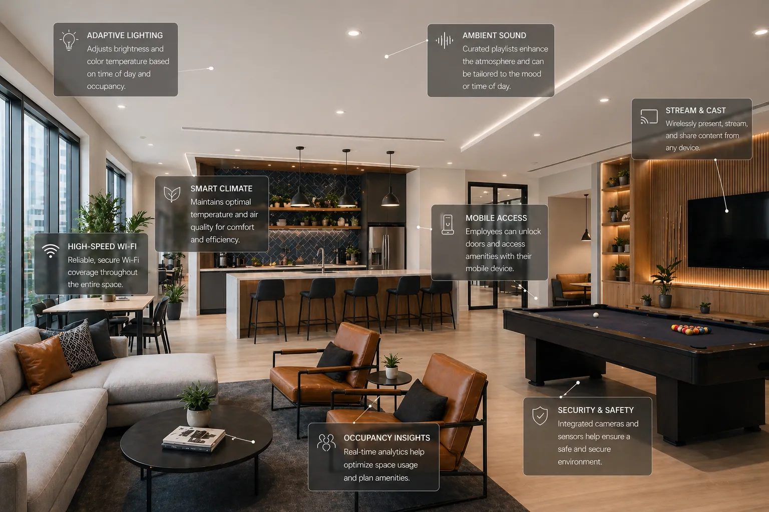 A residents’ amenity lounge with a pool table, TV and warm accent lighting