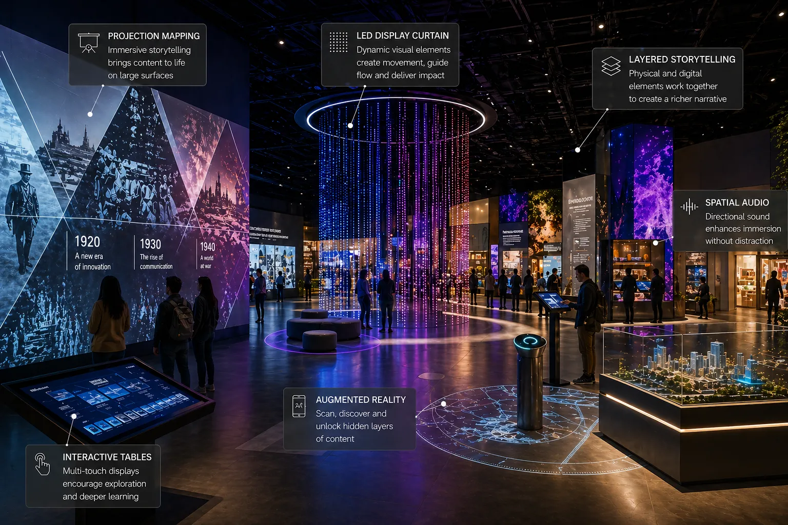 An immersive exhibition hall with projection-mapped walls, an LED curtain and interactive tables