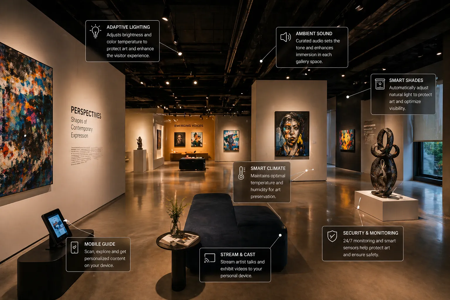 An art gallery with gallery lighting on each work, shades on the tall windows and a guide kiosk