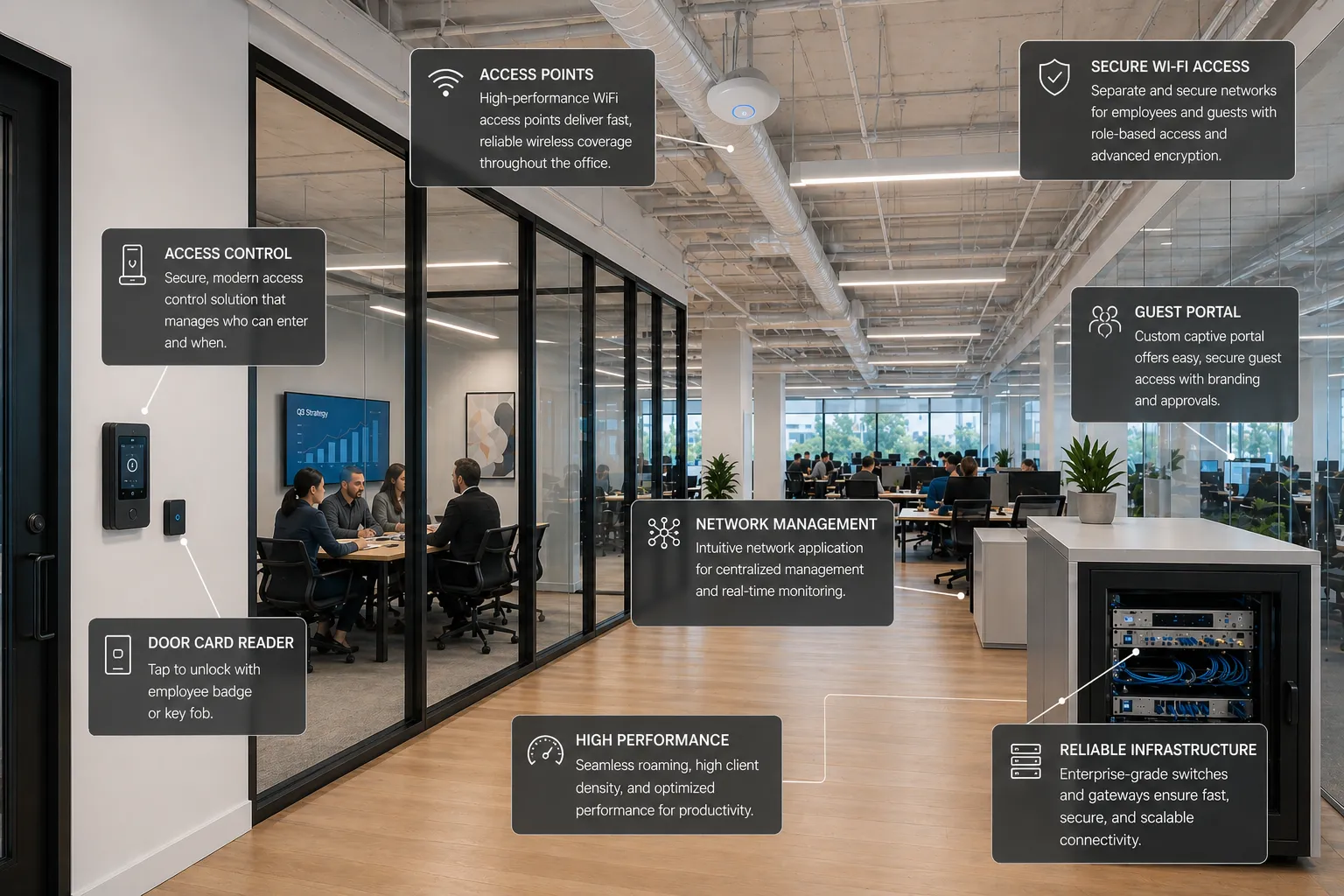 An open office with glass meeting rooms, card-reader access and a network rack