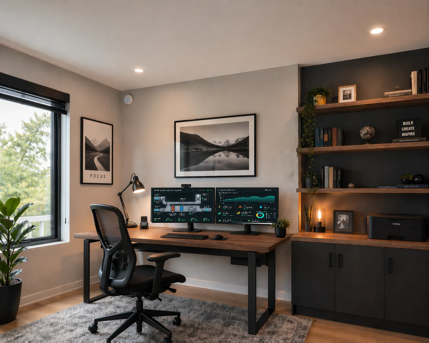 A manager’s office with a building-management system and an energy dashboard on two monitors
