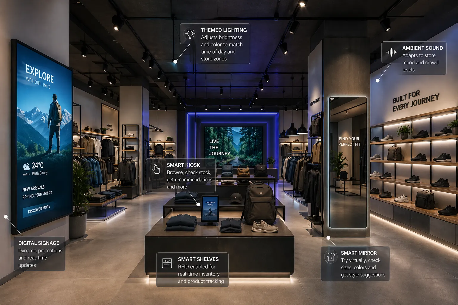 A fashion store with themed lighting, digital signage and a smart fitting mirror