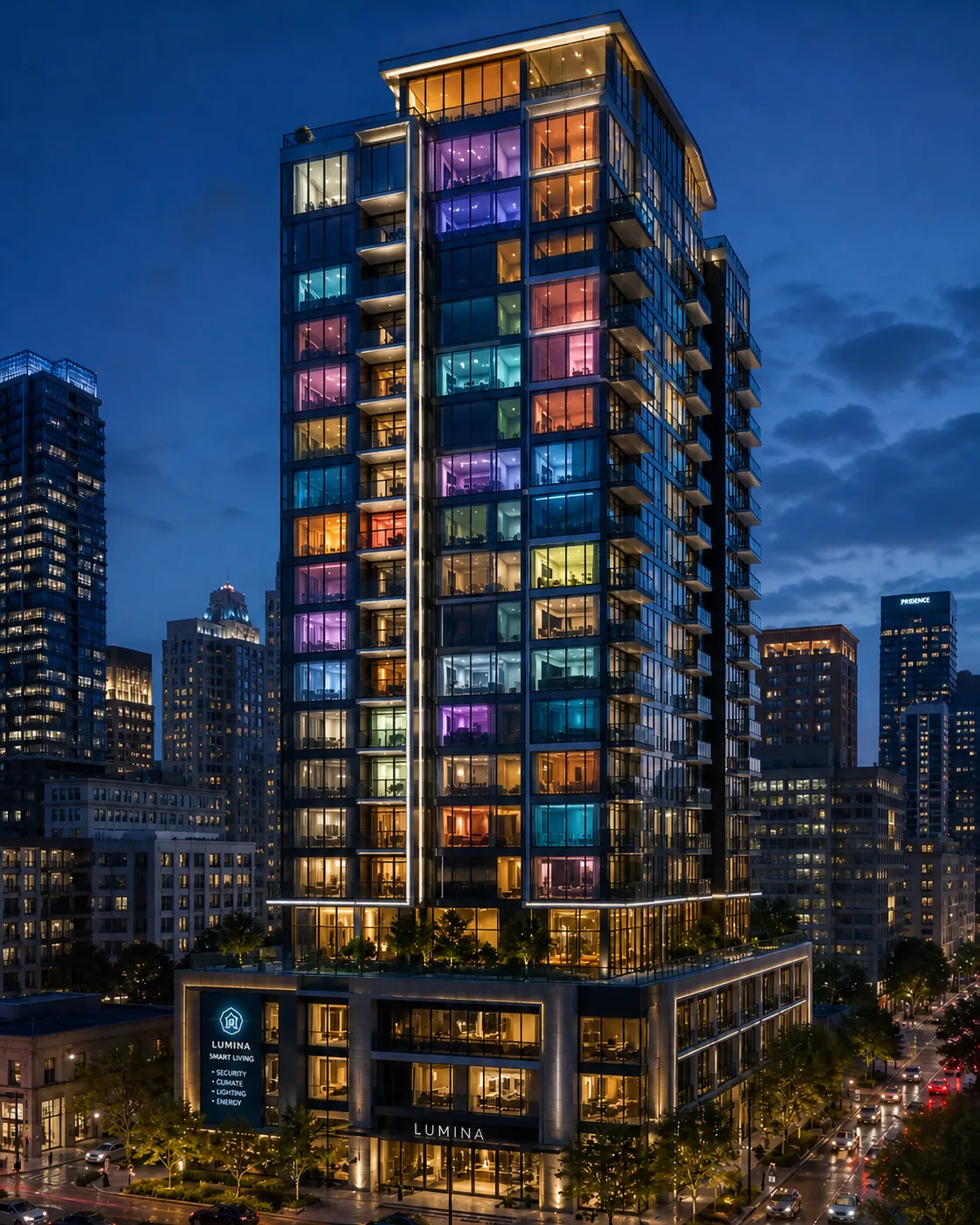 A residential tower at night, each suite lit in its own colour above a glowing lobby