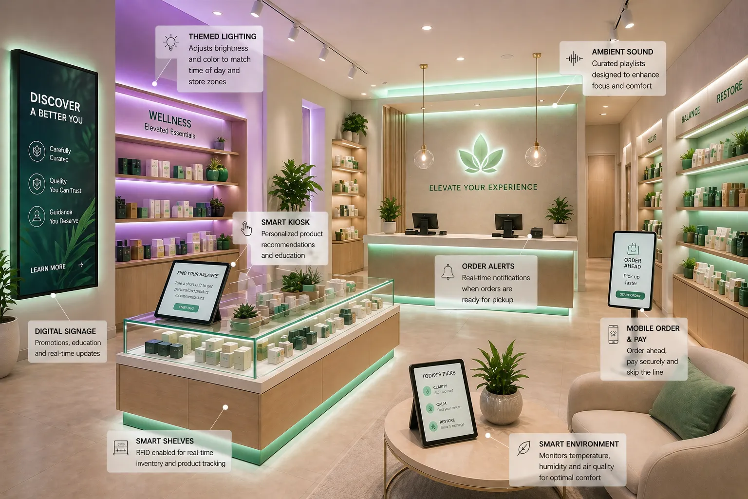 A wellness store with soft green accent lighting and product displays