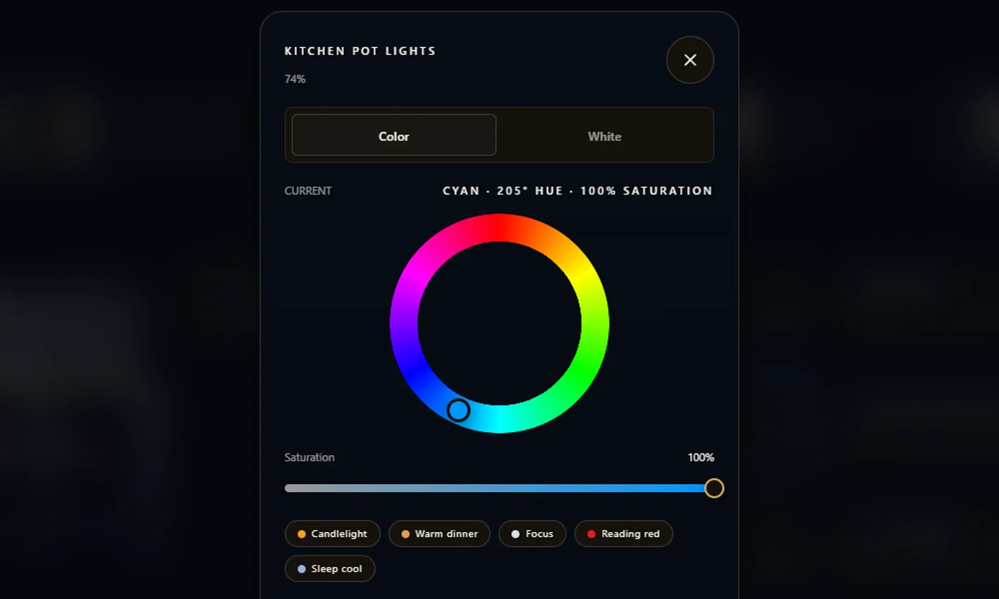 Light control on the wall panel: colour wheel, saturation and lighting presets