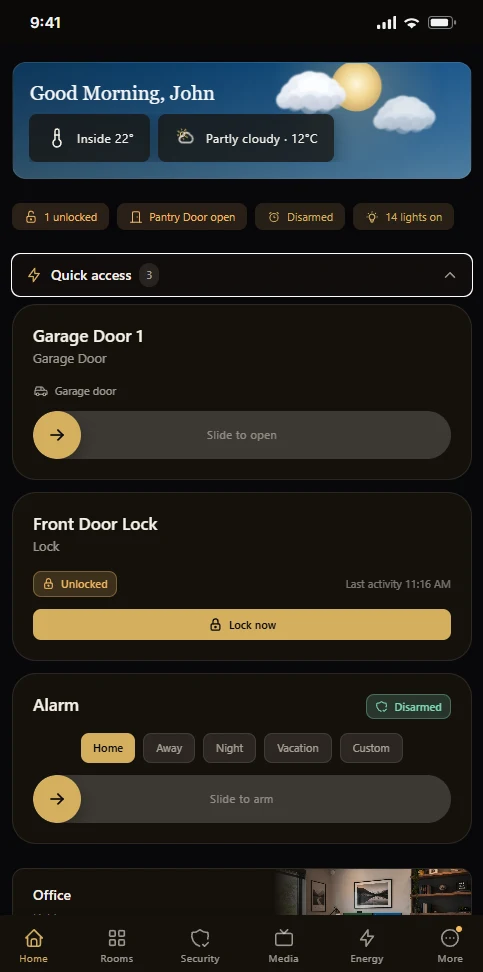 The Auxillio phone app Home screen: greeting, weather, door and alarm status, and quick access to the garage door, front door lock and alarm
