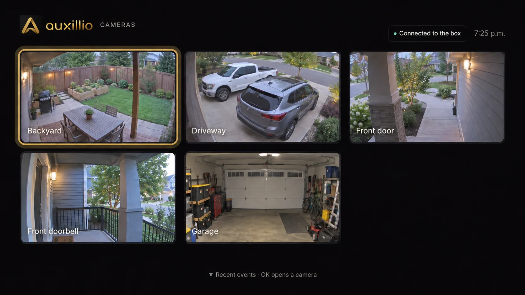 The Auxillio Android TV app Cameras screen: backyard, driveway, front door, front doorbell and garage views