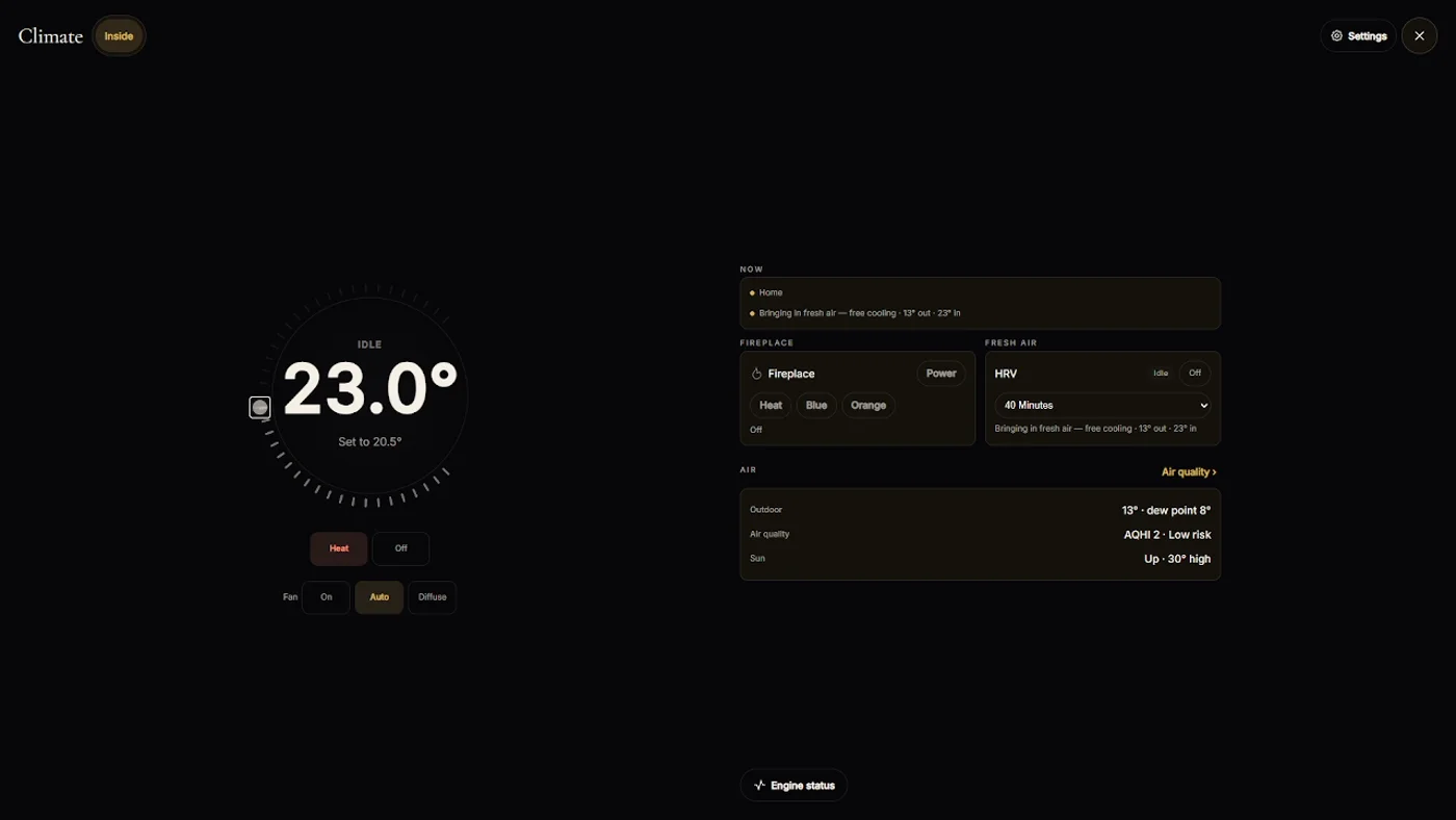 Climate control: the temperature dial with heating mode and fresh-air settings