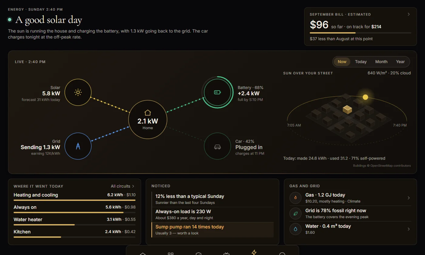 Energy screen: live flow between solar, battery, grid, car and home, with the month's bill estimate