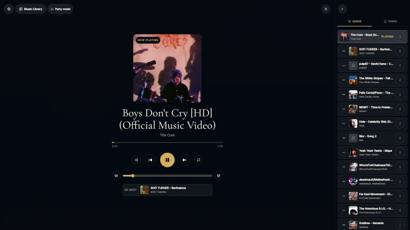 Media screen: now playing with the play queue beside it