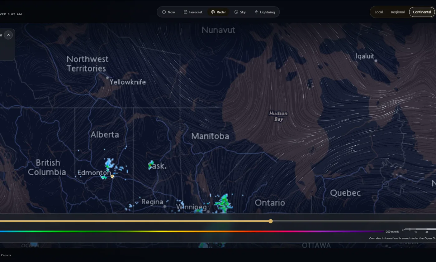 Weather radar with wind across Western Canada