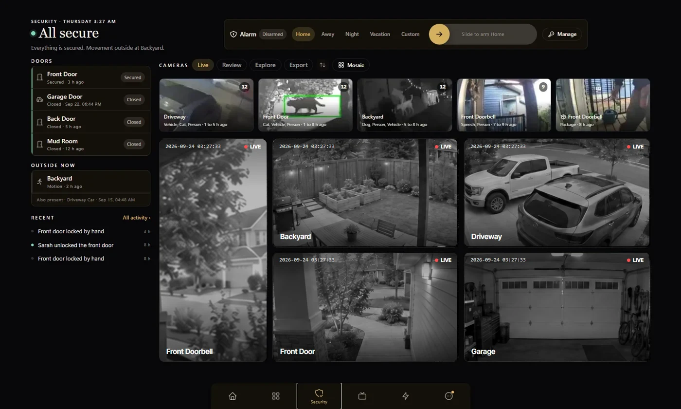 Security screen: doors secured, alarm modes and live night views from the doorbell, backyard, driveway, front door and garage cameras
